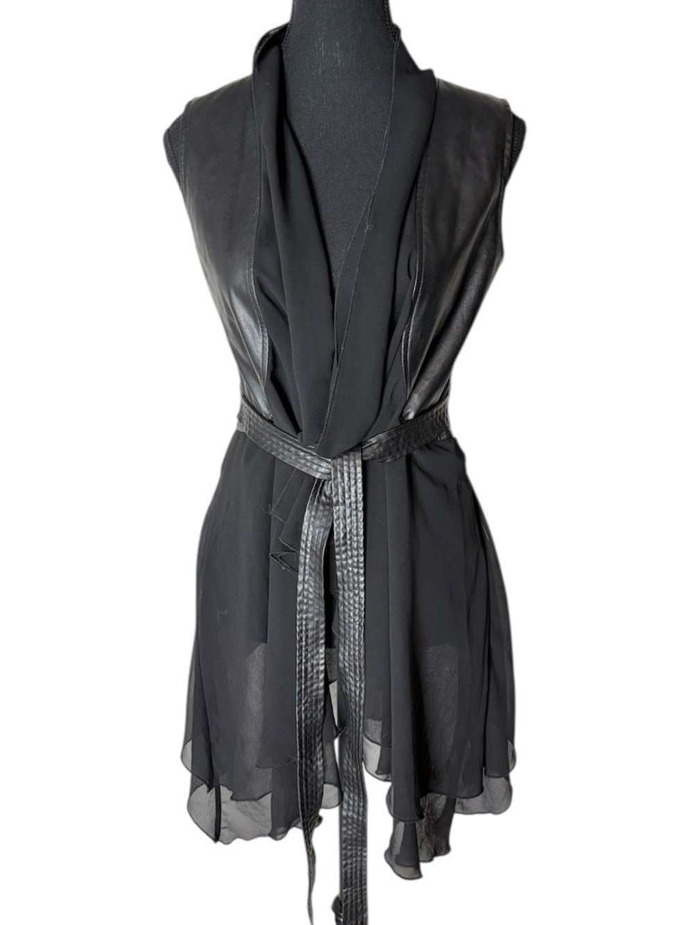 SO NICE Black Faux Leather Chiffon Tunic Vest Asymmetrical Tie Belt Size Medium